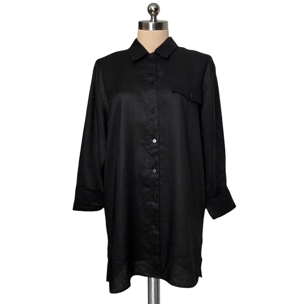 Carlie's Court Black 100% Linen Button Up Blouse Top M